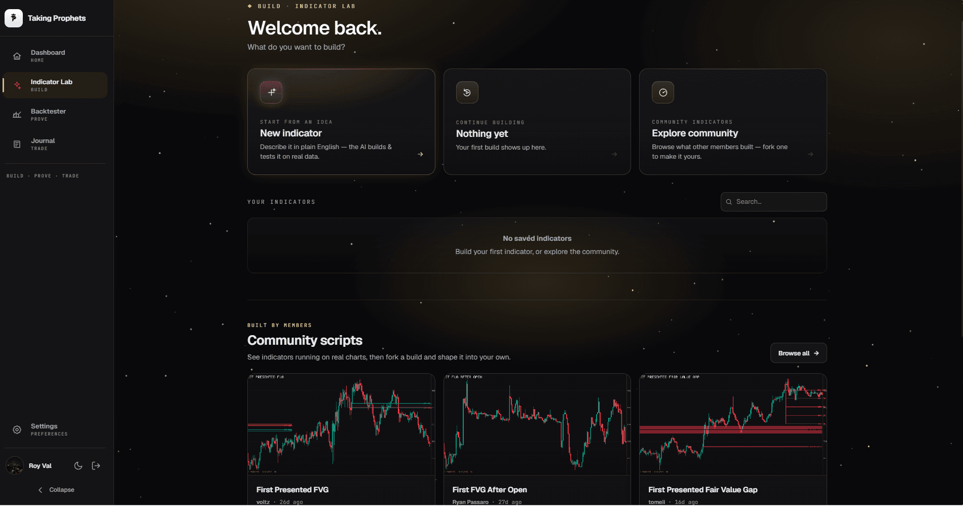 The Indicator Lab: start from an idea in plain English, or fork indicators other members built